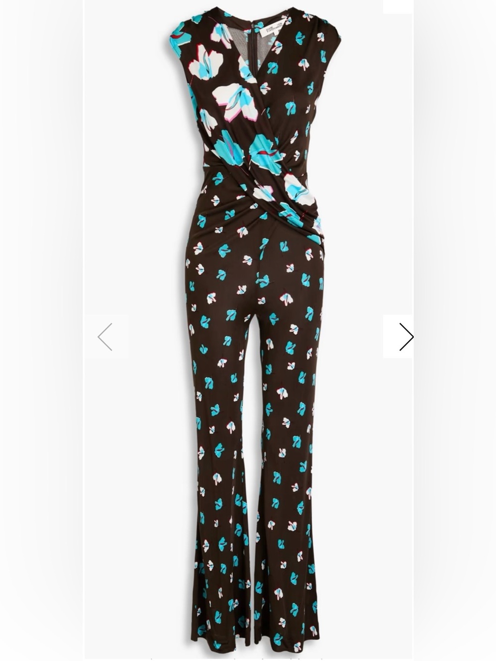 Diane Von Furstenberg Black Jumpsuit with Turquoise & White Floral Print - Picture 2 of 5